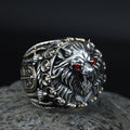 925 Silver Ruby Eyes Wolf Head Ring, Sword Signet Men Ring, Engraved Large Handmade Ring