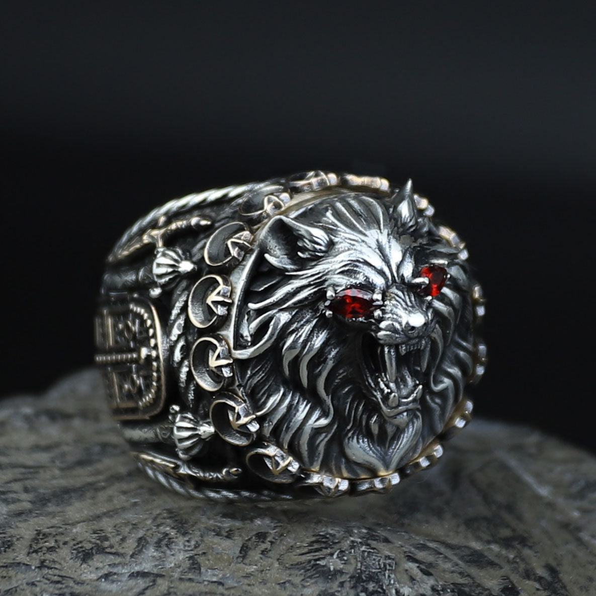 925 Silver Ruby Eyes Wolf Head Ring, Sword Signet Men Ring, Engraved Large Handmade Ring