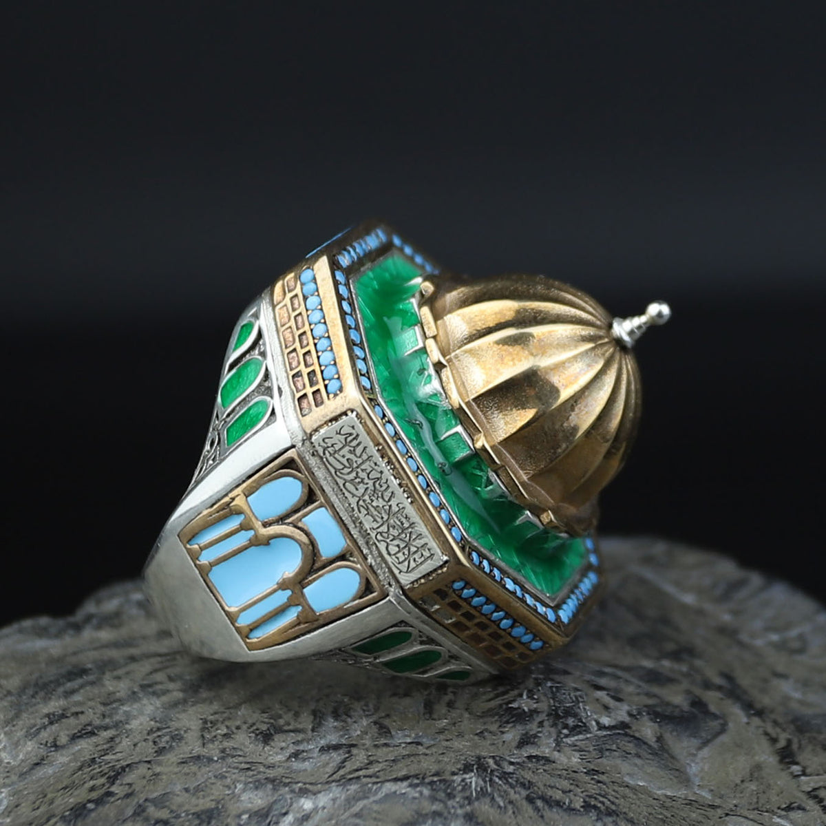Silver Handmade Mosque Ring, Al-Aqsa Mosque ring , Men Unique Ring, Emerald Gemstone İslamıc Ring, Ottoman Style Handmade İslamic Gift