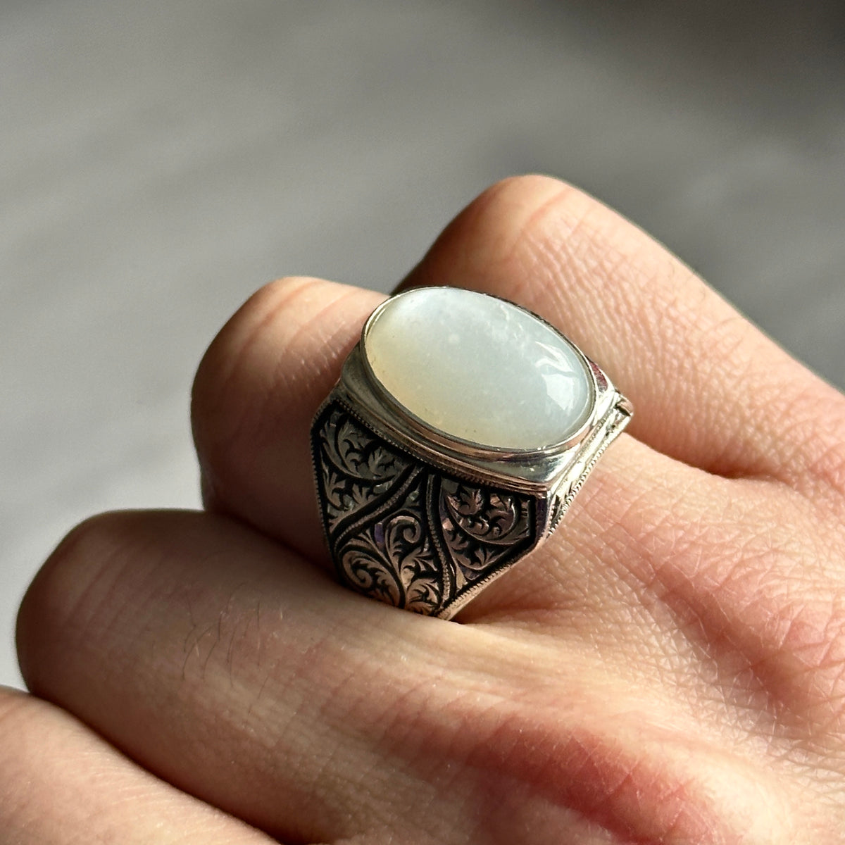 Men Handmade Engraved Natural Raw Stone Moonstone Ring