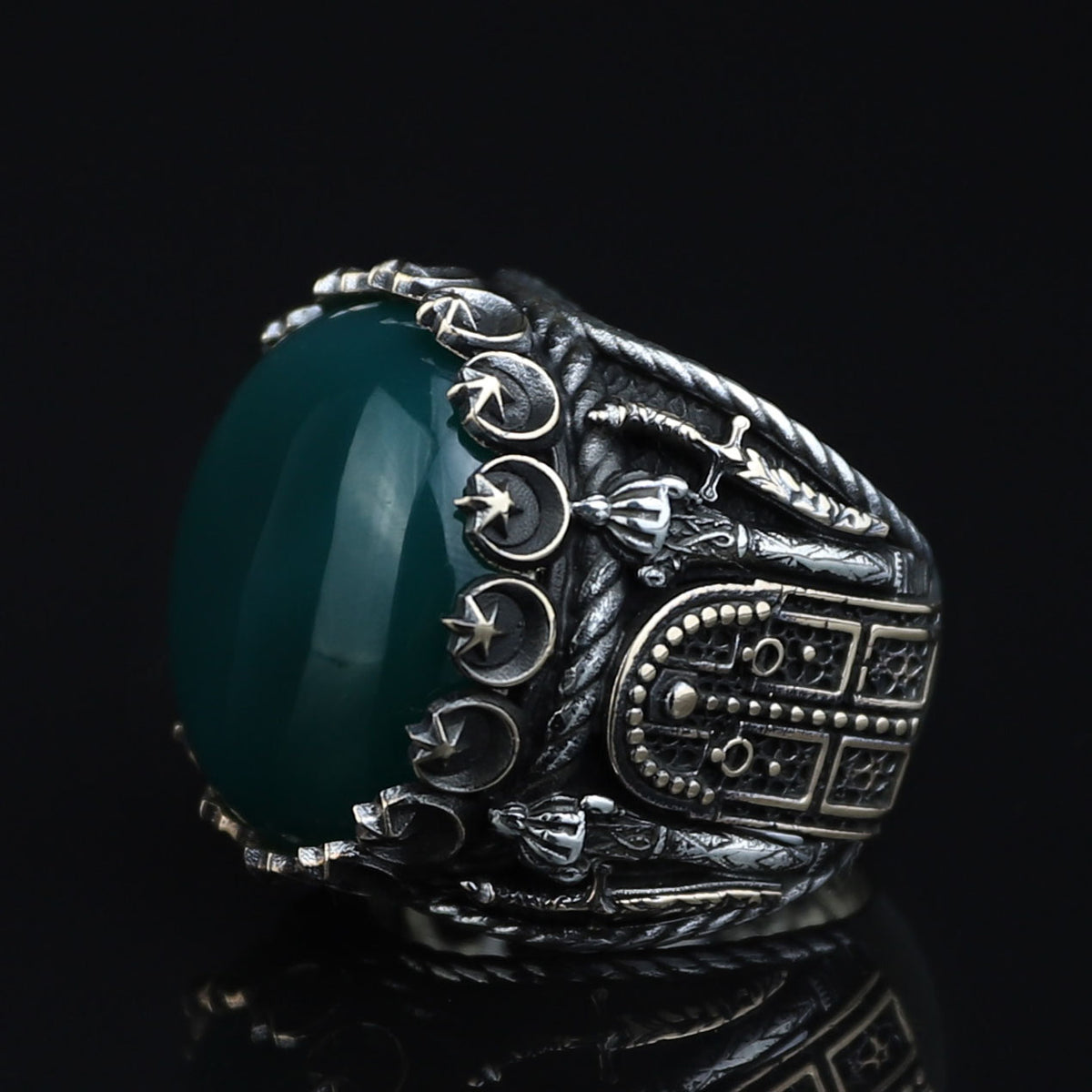Mens Handmade Ring, Green Agate Ring ,Turkish Handmade Silver Men Ring ,Round Aqeeq Gemstone Ring, 925k Sterling Silver Ring