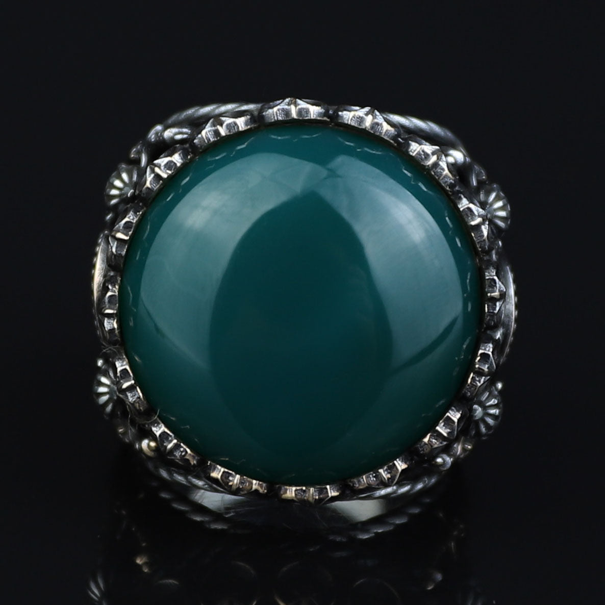Mens Handmade Ring, Green Agate Ring ,Turkish Handmade Silver Men Ring ,Round Aqeeq Gemstone Ring, 925k Sterling Silver Ring