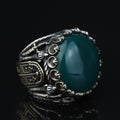 Mens Handmade Ring, Green Agate Ring ,Turkish Handmade Silver Men Ring ,Round Aqeeq Gemstone Ring, 925k Sterling Silver Ring