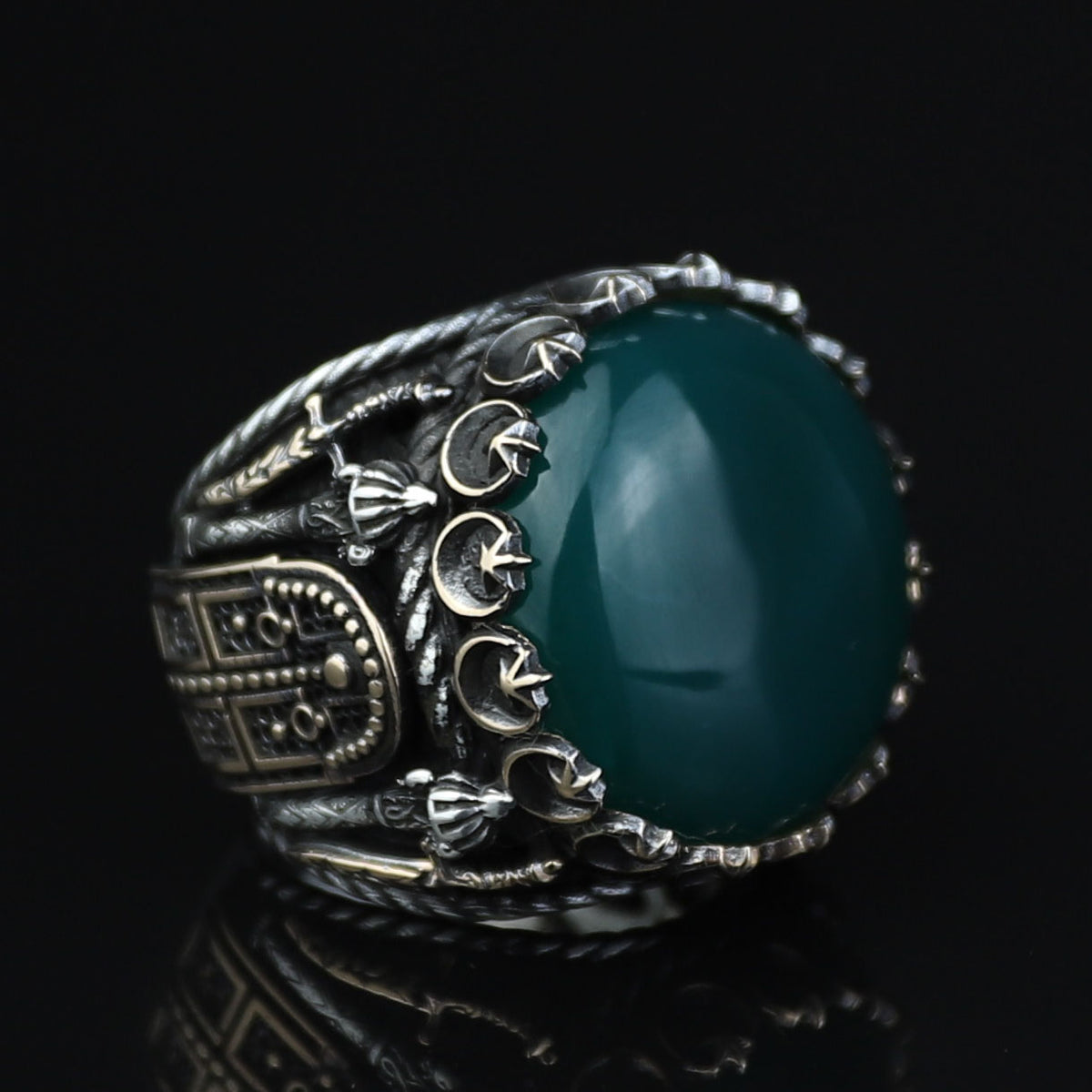 Mens Handmade Ring, Green Agate Ring ,Turkish Handmade Silver Men Ring ,Round Aqeeq Gemstone Ring, 925k Sterling Silver Ring