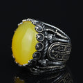 Men Handmade Ring, Round Yellow Agate 925 Silver Ring, Aqeeq Gemstone Ring , Genuine Yellow Agate Men Vintage Ring
