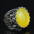 Men Handmade Ring, Round Yellow Agate 925 Silver Ring, Aqeeq Gemstone Ring , Genuine Yellow Agate Men Vintage Ring