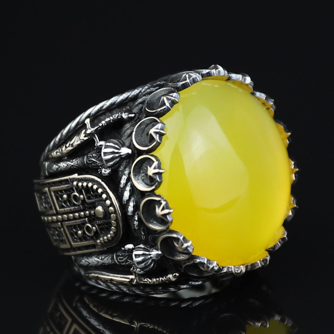 Men Handmade Ring, Round Yellow Agate 925 Silver Ring, Aqeeq Gemstone Ring , Genuine Yellow Agate Men Vintage Ring