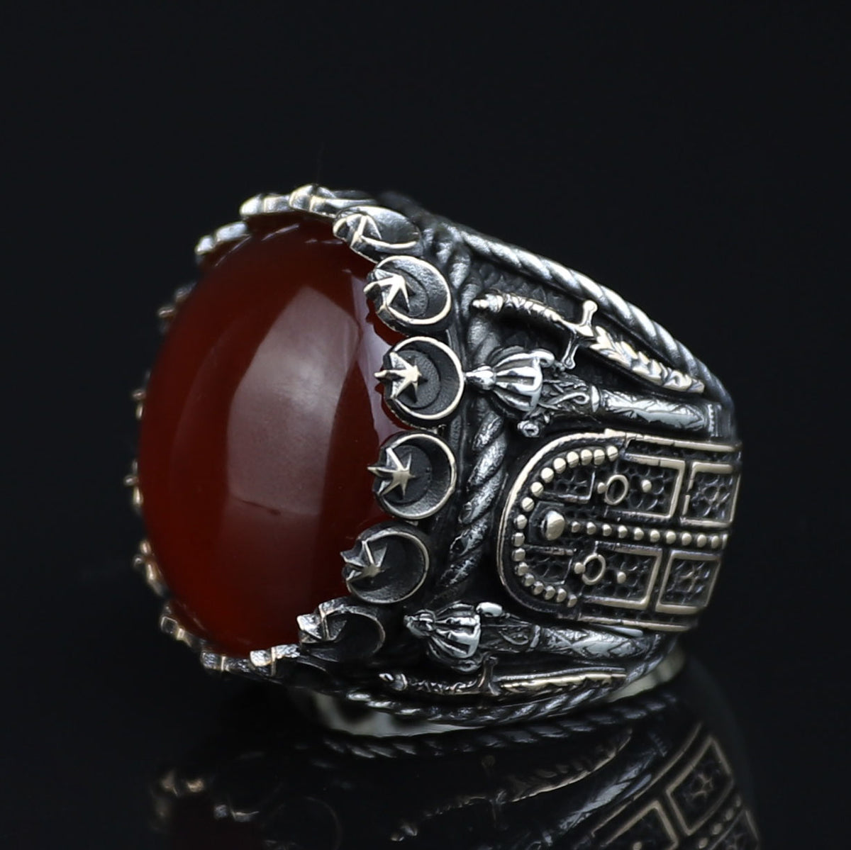 Men Handmade Ring, Round Red Agate Stone Ring , Silver Round Ring, Sword Figured 925k Sterling Silver Ring