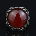 Men Handmade Ring, Round Red Agate Stone Ring , Silver Round Ring, Sword Figured 925k Sterling Silver Ring