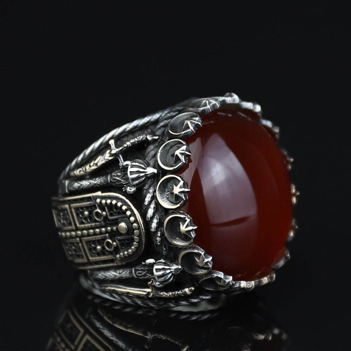 Men Handmade Ring, Round Red Agate Stone Ring , Silver Round Ring, Sword Figured 925k Sterling Silver Ring