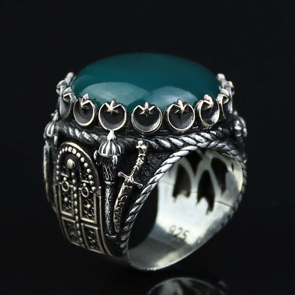 Mens Handmade Ring, Green Agate Ring ,Turkish Handmade Silver Men Ring ,Round Aqeeq Gemstone Ring, 925k Sterling Silver Ring