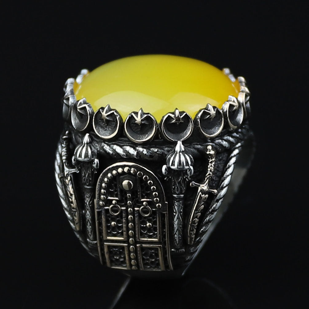 Men Handmade Ring, Round Yellow Agate 925 Silver Ring, Aqeeq Gemstone Ring , Genuine Yellow Agate Men Vintage Ring