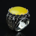 Men Handmade Ring, Round Yellow Agate 925 Silver Ring, Aqeeq Gemstone Ring , Genuine Yellow Agate Men Vintage Ring