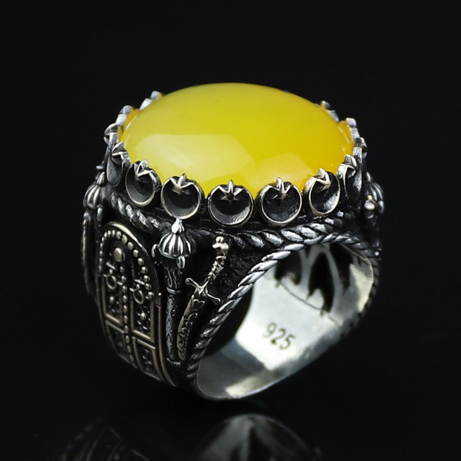 Men Handmade Ring, Round Yellow Agate 925 Silver Ring, Aqeeq Gemstone Ring , Genuine Yellow Agate Men Vintage Ring