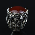 Men Handmade Ring, Round Red Agate Stone Ring , Silver Round Ring, Sword Figured 925k Sterling Silver Ring
