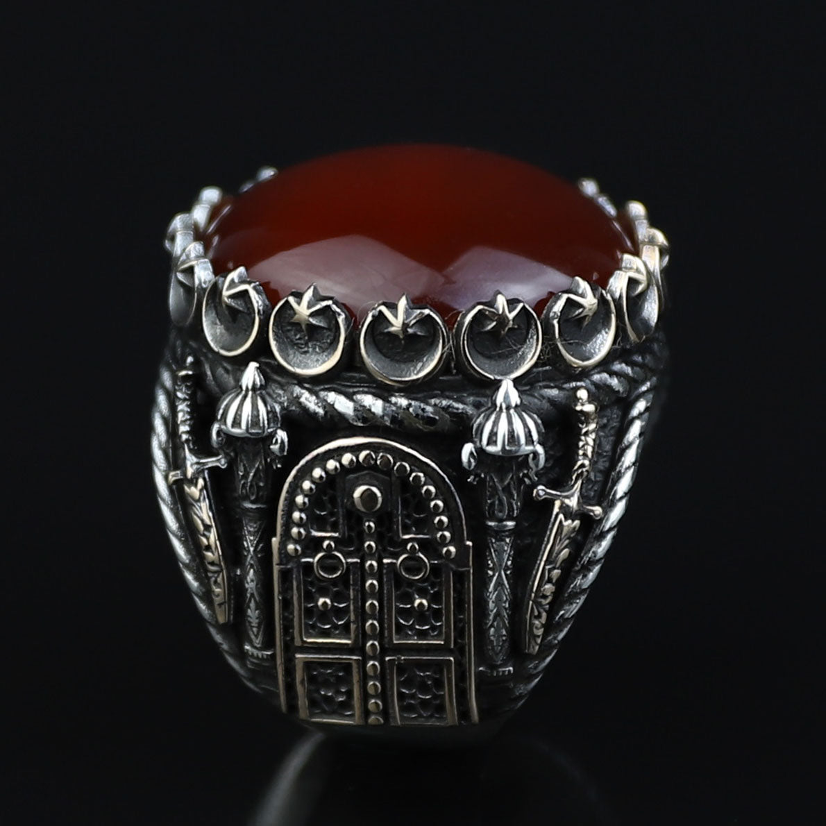 Men Handmade Ring, Round Red Agate Stone Ring , Silver Round Ring, Sword Figured 925k Sterling Silver Ring