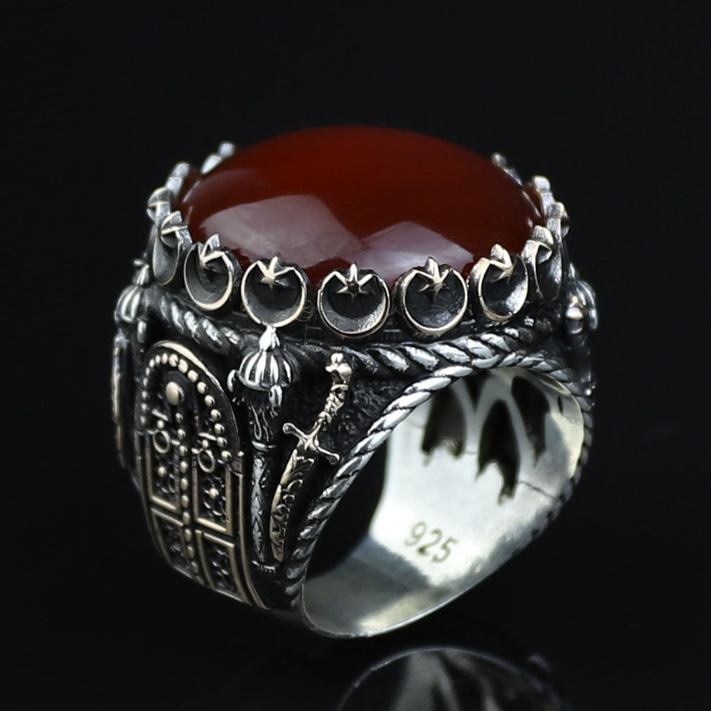 Men Handmade Ring, Round Red Agate Stone Ring , Silver Round Ring, Sword Figured 925k Sterling Silver Ring