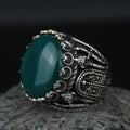 Mens Handmade Ring, Green Agate Ring ,Turkish Handmade Silver Men Ring ,Round Aqeeq Gemstone Ring, 925k Sterling Silver Ring