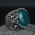 Mens Handmade Ring, Green Agate Ring ,Turkish Handmade Silver Men Ring ,Round Aqeeq Gemstone Ring, 925k Sterling Silver Ring