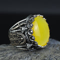 Men Handmade Ring, Round Yellow Agate 925 Silver Ring, Aqeeq Gemstone Ring , Genuine Yellow Agate Men Vintage Ring