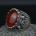 Men Handmade Ring, Round Red Agate Stone Ring , Silver Round Ring, Sword Figured 925k Sterling Silver Ring