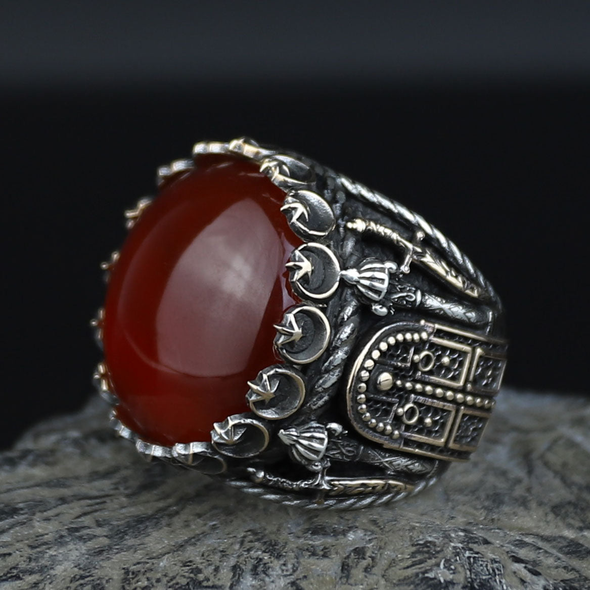 Men Handmade Ring, Round Red Agate Stone Ring , Silver Round Ring, Sword Figured 925k Sterling Silver Ring