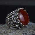 Men Handmade Ring, Round Red Agate Stone Ring , Silver Round Ring, Sword Figured 925k Sterling Silver Ring
