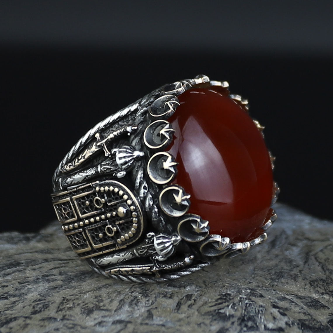 Men Handmade Ring, Round Red Agate Stone Ring , Silver Round Ring, Sword Figured 925k Sterling Silver Ring
