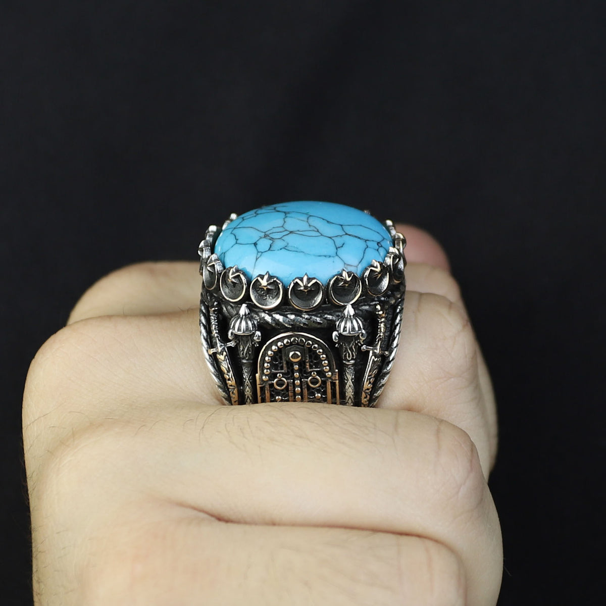 Silver Turquoise Sword Round Ring, Large Turquoise  Signet Turquoise Ring, Turkish Handmade Ring