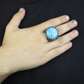 Silver Turquoise Sword Round Ring, Large Turquoise  Signet Turquoise Ring, Turkish Handmade Ring