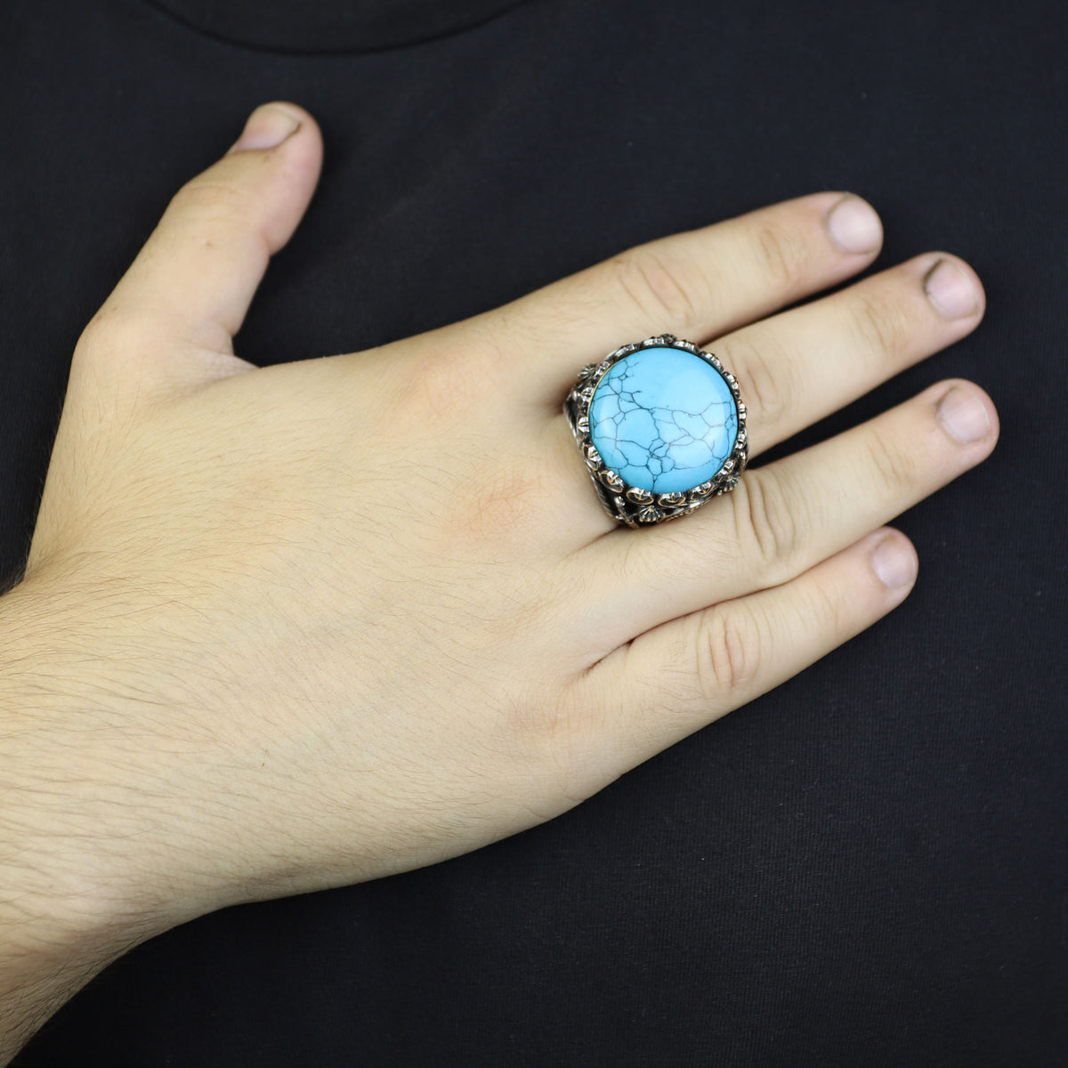 Silver Turquoise Sword Round Ring, Large Turquoise  Signet Turquoise Ring, Turkish Handmade Ring