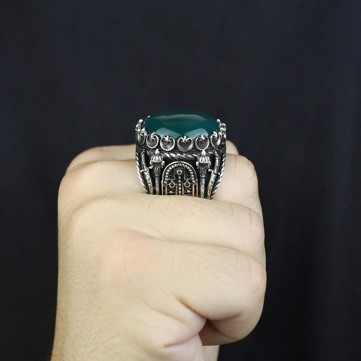 Mens Handmade Ring, Green Agate Ring ,Turkish Handmade Silver Men Ring ,Round Aqeeq Gemstone Ring, 925k Sterling Silver Ring