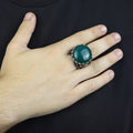 Mens Handmade Ring, Green Agate Ring ,Turkish Handmade Silver Men Ring ,Round Aqeeq Gemstone Ring, 925k Sterling Silver Ring