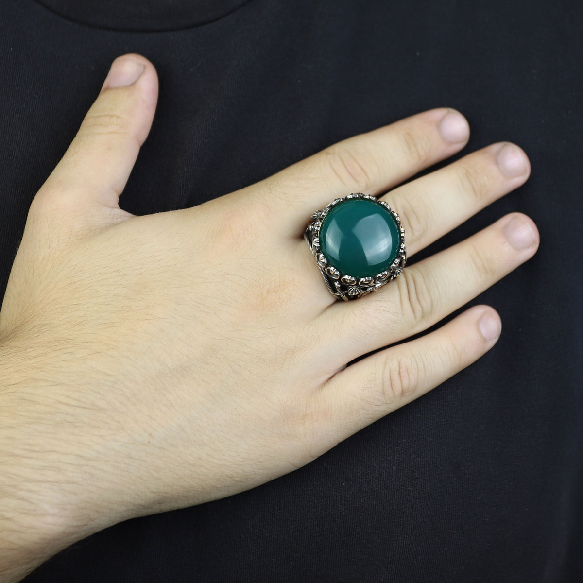 Mens Handmade Ring, Green Agate Ring ,Turkish Handmade Silver Men Ring ,Round Aqeeq Gemstone Ring, 925k Sterling Silver Ring