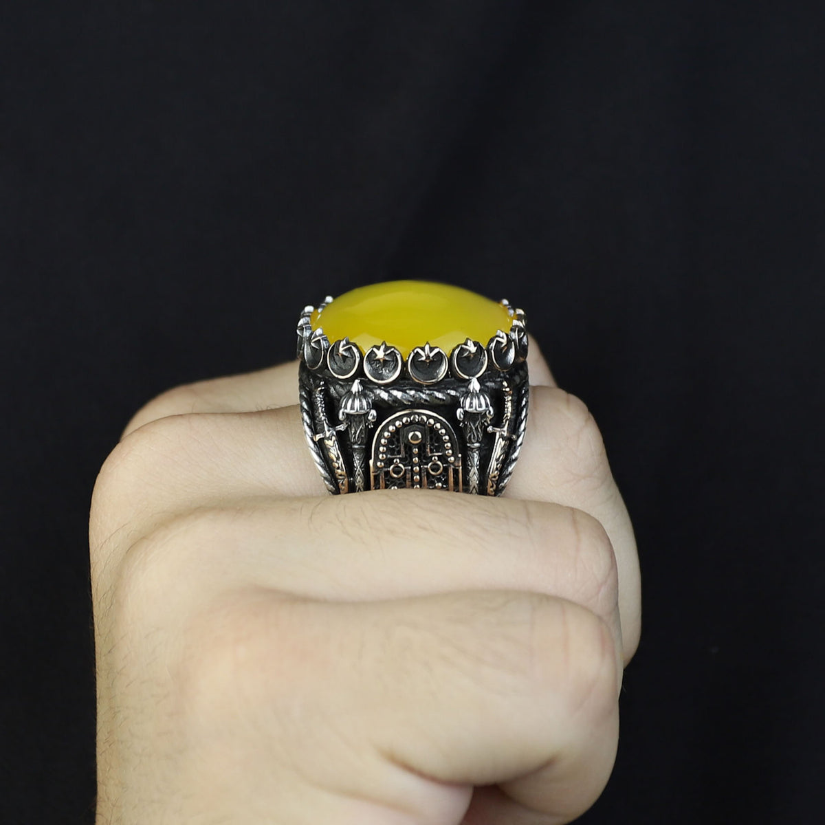 Men Handmade Ring, Round Yellow Agate 925 Silver Ring, Aqeeq Gemstone Ring , Genuine Yellow Agate Men Vintage Ring