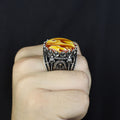925K Sterling Silver Mens Handmade Ring, Turkish Sword Figured Natural Amber Stone Ring