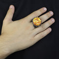 925K Sterling Silver Mens Handmade Ring, Turkish Sword Figured Natural Amber Stone Ring