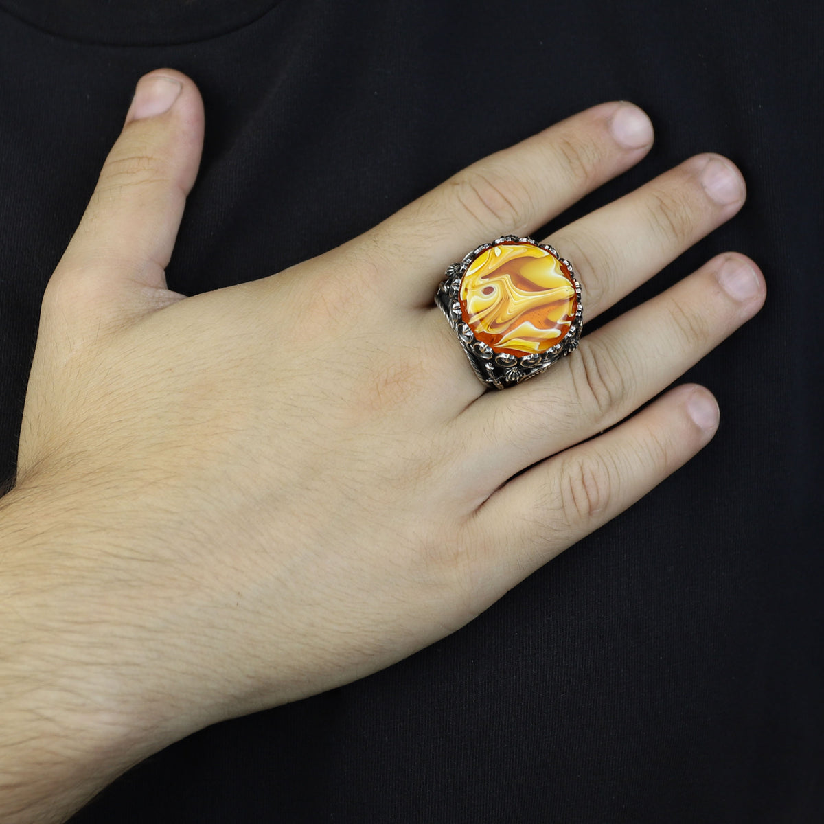 925K Sterling Silver Mens Handmade Ring, Turkish Sword Figured Natural Amber Stone Ring