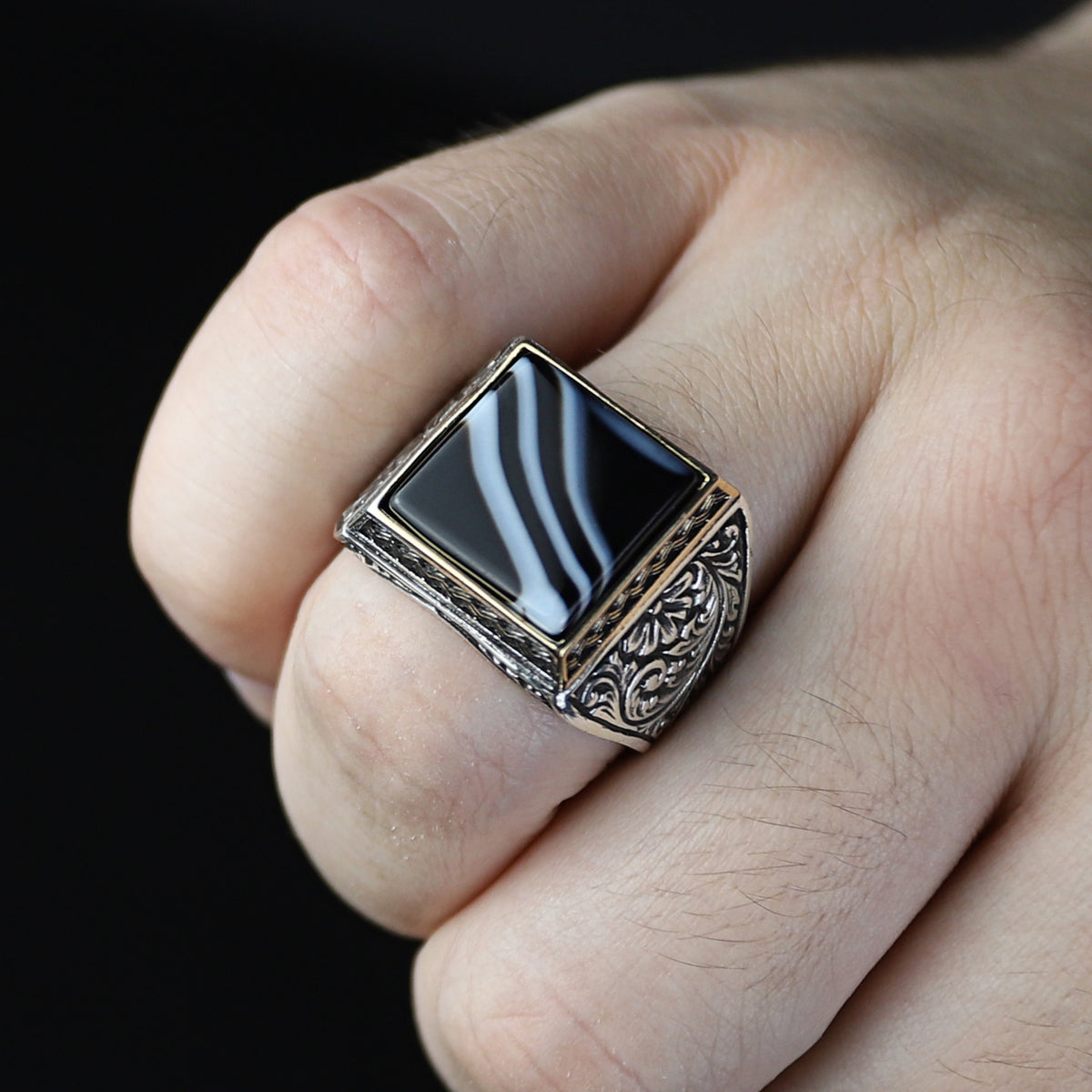 Men Handmade Solid Silver Square Black Onyx Gemstone Ring