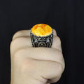 Natural Amber Stone Ring , Sterling Silver Round Large Amber Stone Ring, Ottoman Style Silver Ring