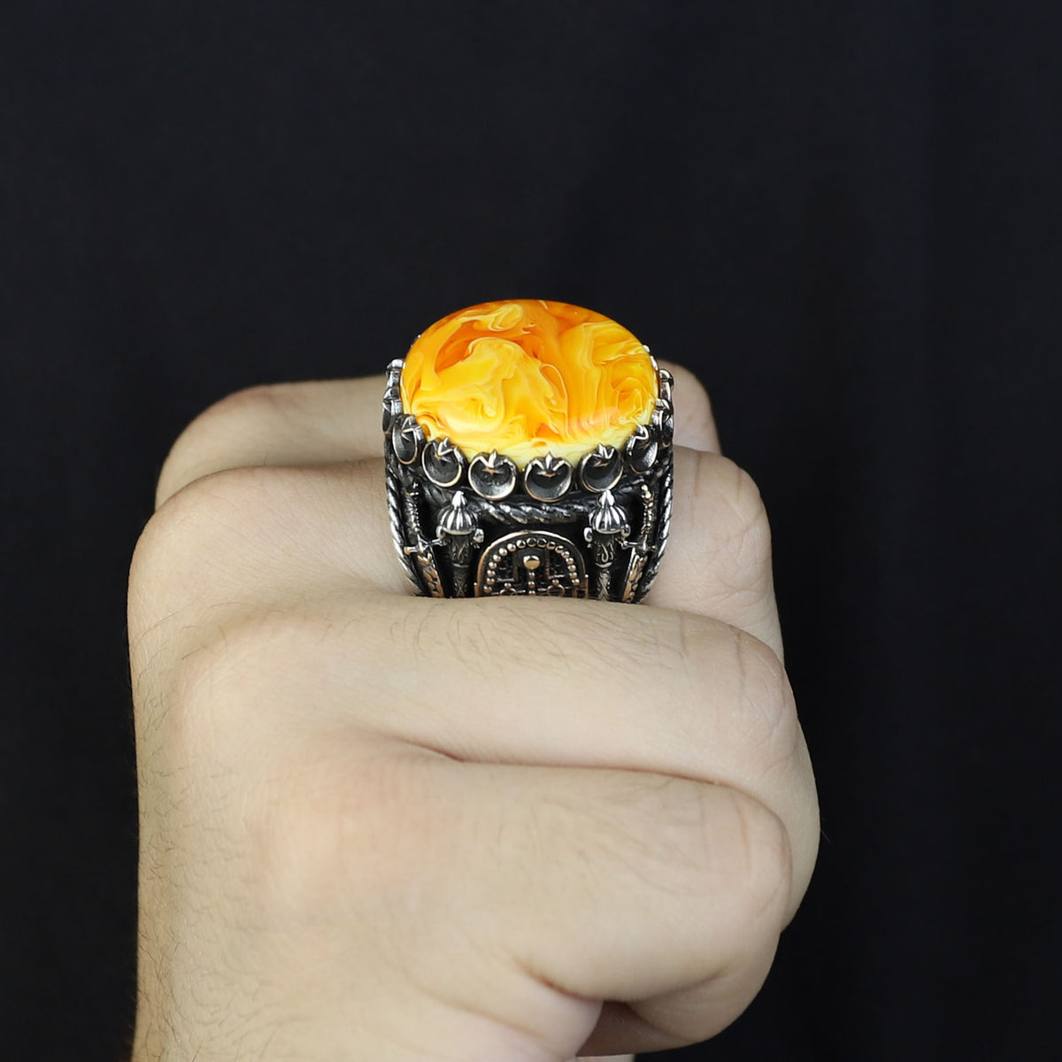 Natural Amber Stone Ring , Sterling Silver Round Large Amber Stone Ring, Ottoman Style Silver Ring