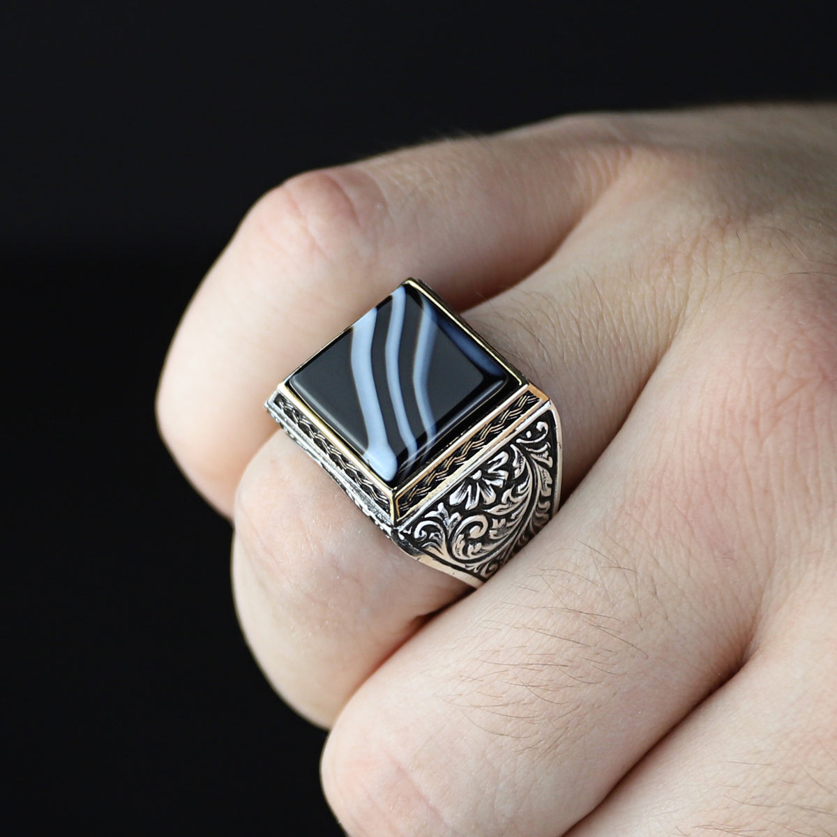 Men Handmade Solid Silver Square Black Onyx Gemstone Ring