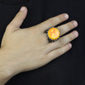 Natural Amber Stone Ring , Sterling Silver Round Large Amber Stone Ring, Ottoman Style Silver Ring