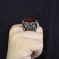 Men Handmade Ring, Round Red Agate Stone Ring , Silver Round Ring, Sword Figured 925k Sterling Silver Ring