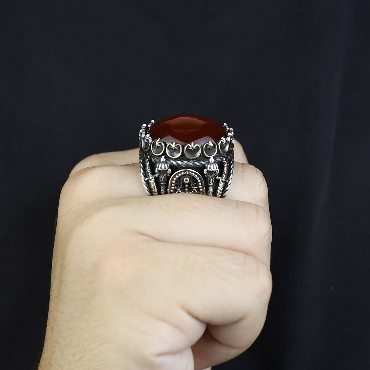 Men Handmade Ring, Round Red Agate Stone Ring , Silver Round Ring, Sword Figured 925k Sterling Silver Ring