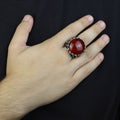 Men Handmade Ring, Round Red Agate Stone Ring , Silver Round Ring, Sword Figured 925k Sterling Silver Ring
