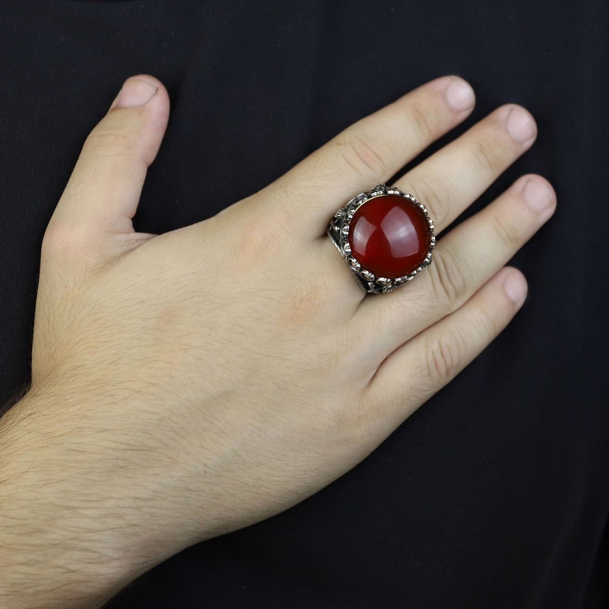 Men Handmade Ring, Round Red Agate Stone Ring , Silver Round Ring, Sword Figured 925k Sterling Silver Ring