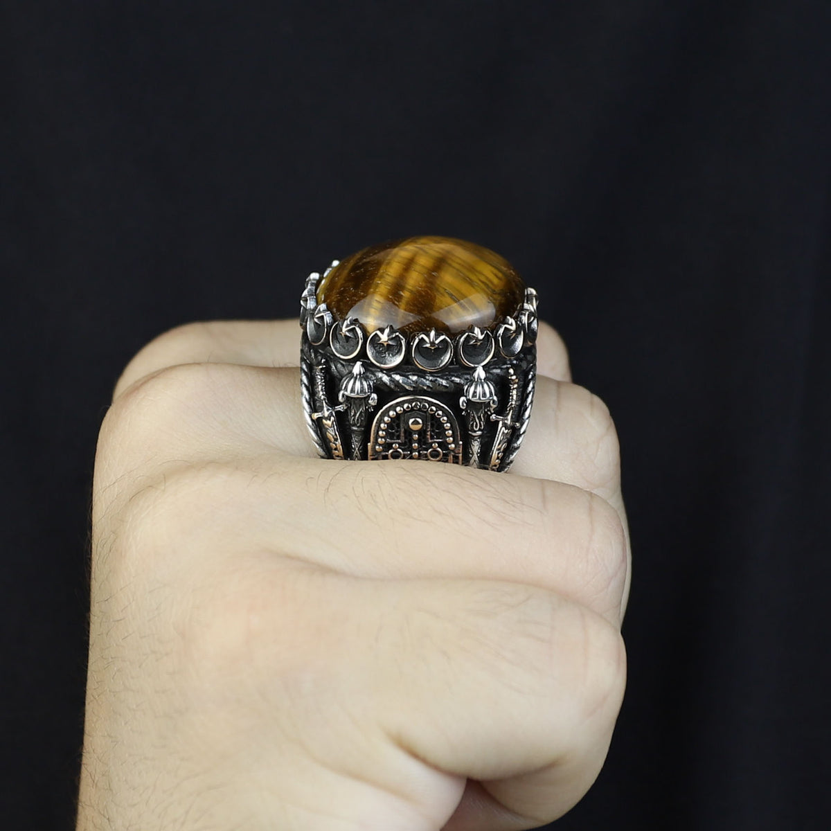Tiger Eye Ring , Large Turkish Handmade Ring , Round Ottoman Mens Ring, Man Large Ring ,Signet Gemstone Ring