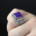 Men Handmade Natural Square Amethyst Gemstone Ring