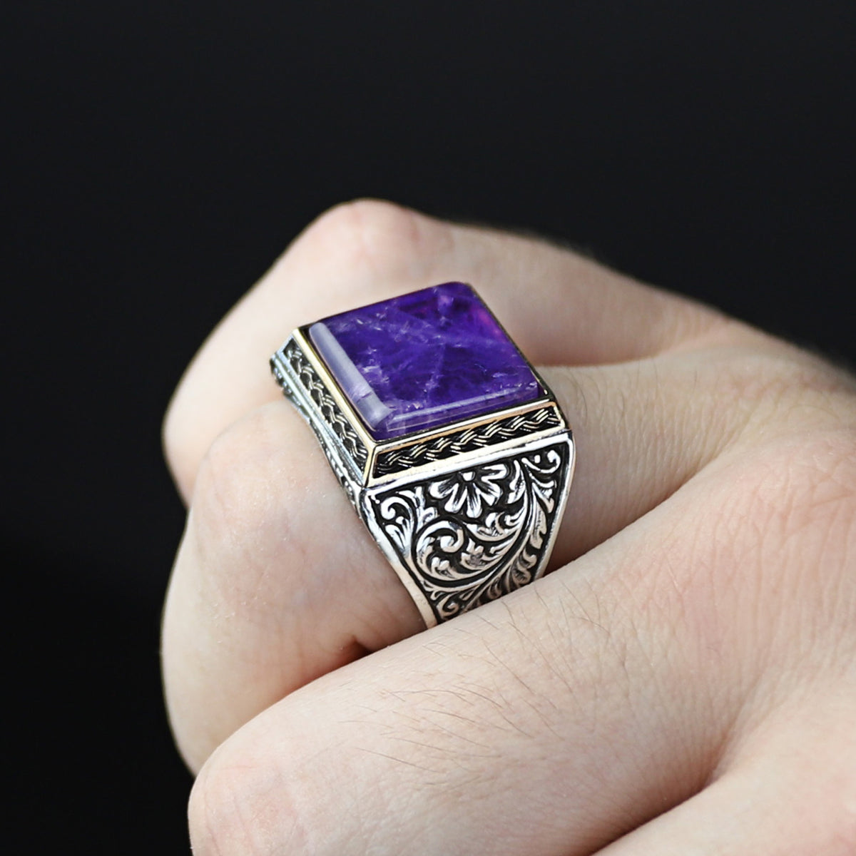 Men Handmade Natural Square Amethyst Gemstone Ring